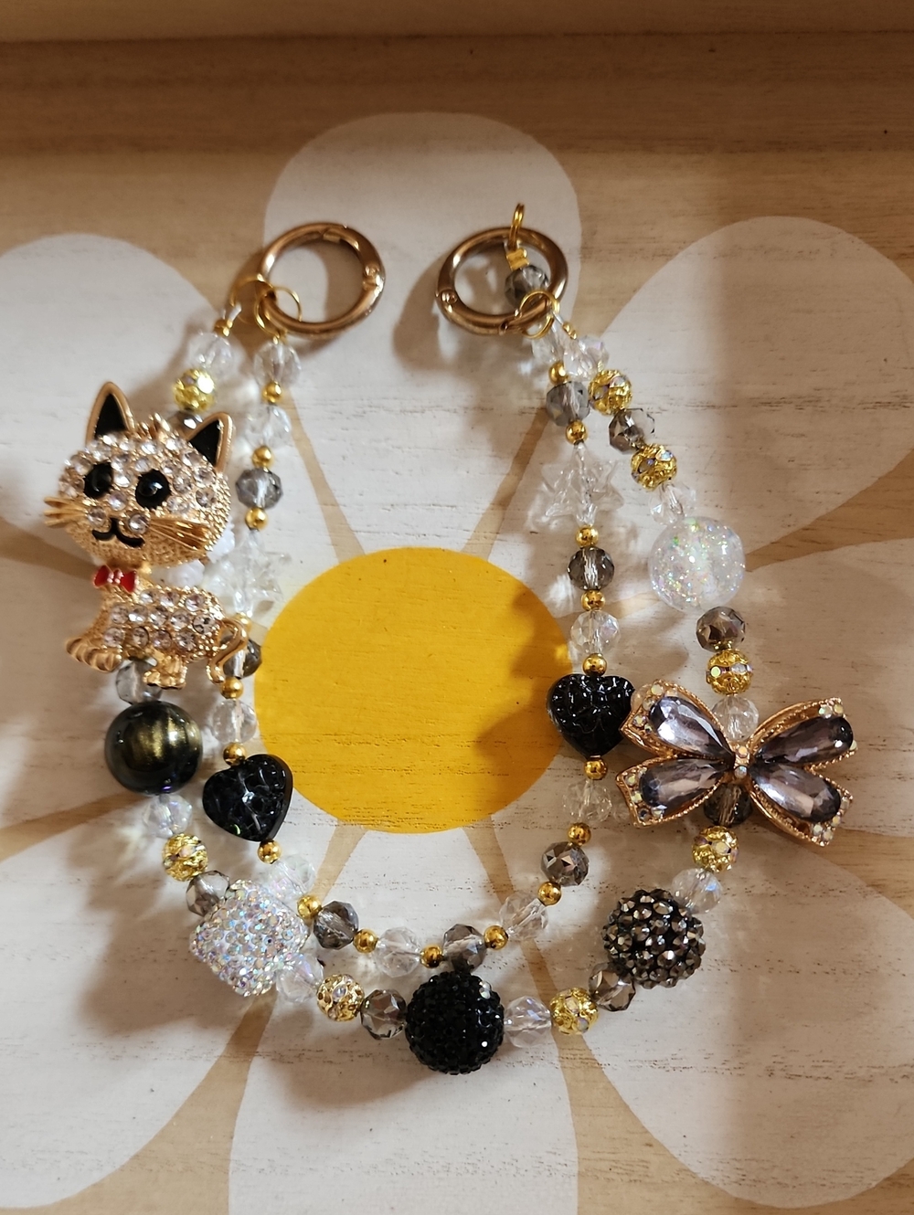Gold and Black Crystal Purse/bag Chain with Cat and Butterfly Charms